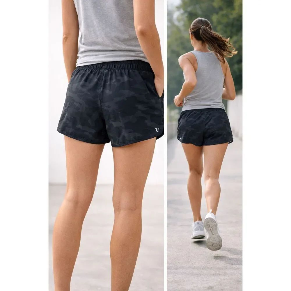 Vuori Camo Athletic Running Shorts Black Gray Drawstring Size Small Performance